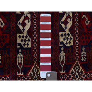2'10"x10" Red With A Mix Of Ivory Soft And Shiny Wool, Hand Knotted With Geometric Repetitive Design Afghan Khamyab Runner Oriental Rug FWR432126