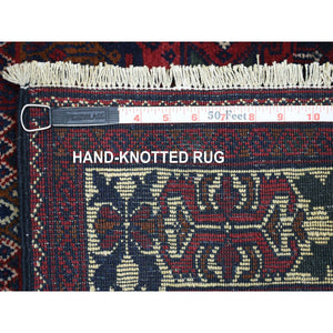 2'10"x10" Red With A Mix Of Ivory Soft And Shiny Wool, Hand Knotted With Geometric Repetitive Design Afghan Khamyab Runner Oriental Rug FWR432126