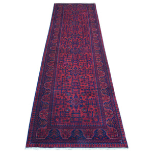 2'8"x9'8" Deep and Saturated Red Tribal Design Velvety Wool, Afghan Khamyab Hand Knotted Runner Oriental Rug FWR432132