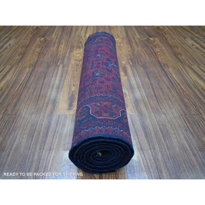 2'8"x9'8" Deep and Saturated Red Tribal Design Velvety Wool, Afghan Khamyab Hand Knotted Runner Oriental Rug FWR432132