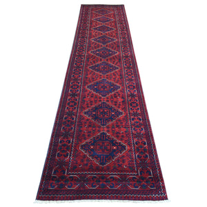 2'8"x12'9" Deep and Saturated Red Natural Dyes Afghan Khamyab, Pure Wool with Geometric Design Hand Knotted Runner Oriental Rug FWR432144
