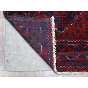 2'8"x12'9" Deep and Saturated Red Natural Dyes Afghan Khamyab, Pure Wool with Geometric Design Hand Knotted Runner Oriental Rug FWR432144