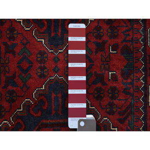 2'8"x12'9" Deep and Saturated Red Natural Dyes Afghan Khamyab, Pure Wool with Geometric Design Hand Knotted Runner Oriental Rug FWR432144