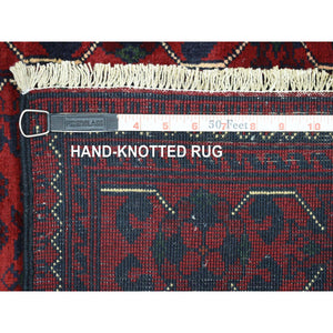 2'8"x12'9" Deep and Saturated Red Natural Dyes Afghan Khamyab, Pure Wool with Geometric Design Hand Knotted Runner Oriental Rug FWR432144
