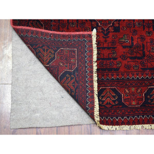 2'8"x9'7" Deep And Saturated Red Hand Knotted With Tribal Design, Soft And Shiny Wool Afghan Khamyab Runner Oriental Rug FWR432162