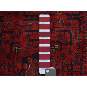 2'8"x9'7" Deep And Saturated Red Hand Knotted With Tribal Design, Soft And Shiny Wool Afghan Khamyab Runner Oriental Rug FWR432162