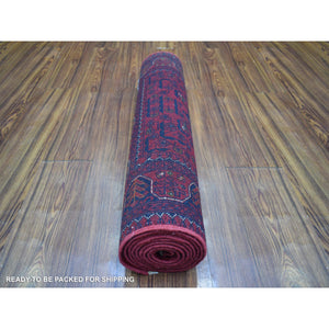 2'8"x9'7" Deep And Saturated Red Hand Knotted With Tribal Design, Soft And Shiny Wool Afghan Khamyab Runner Oriental Rug FWR432162