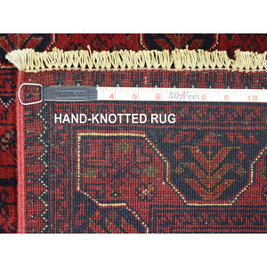 2'8"x9'7" Deep And Saturated Red Hand Knotted With Tribal Design, Soft And Shiny Wool Afghan Khamyab Runner Oriental Rug FWR432162