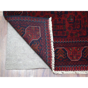 2'9"x9'10" Deep And Saturated Red Hand Knotted With Tribal Design, Soft And Shiny Wool Afghan Khamyab Runner Oriental Rug FWR432180