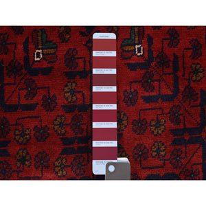 2'9"x9'10" Deep And Saturated Red Hand Knotted With Tribal Design, Soft And Shiny Wool Afghan Khamyab Runner Oriental Rug FWR432180
