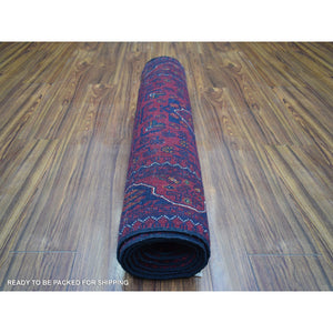 2'9"x9'10" Deep And Saturated Red Hand Knotted With Tribal Design, Soft And Shiny Wool Afghan Khamyab Runner Oriental Rug FWR432180