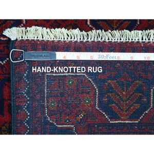 2'9"x9'10" Deep And Saturated Red Hand Knotted With Tribal Design, Soft And Shiny Wool Afghan Khamyab Runner Oriental Rug FWR432180