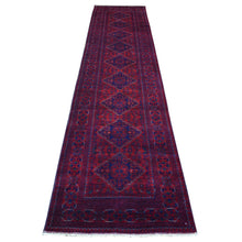 Load image into Gallery viewer, 2&#39;9&quot;x13&#39;2&quot; Deep and Saturated Red with Geometric Design Hand Knotted Afghan Khamyab, Velvety Wool Runner Oriental Rug FWR432186