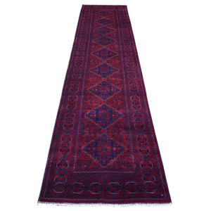 2'9"x13'2" Deep and Saturated Red with Geometric Design Hand Knotted Afghan Khamyab, Velvety Wool Runner Oriental Rug FWR432186