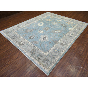 8'2"x9'9" Denim Blue Angora Oushak With Colorful Leaf Design Natural Dyes, Afghan Wool Hand Knotted Oriental Rug FWR432246