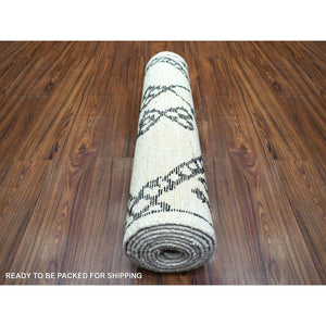 2'10"x11'4" Ivory Natural Dyes Hand Knotted, Soft And Shiny Wool, Boujaad Moroccan Berber With Criss Cross Pattern With Large Elements Runner Oriental Rug FWR433014