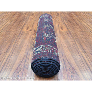 3'x12'5" Deep and Saturated Red, Afghan Khamyab with Geometric Design, Soft and Velvety Wool Hand Knotted, Wide Runner Oriental Rug FWR434040