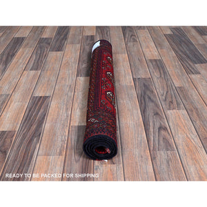 2'8"x3'9" Scarlet Red, Princess Bokara With Geometric Medallions Design, Soft Wool, Vegetable Dyes, Hand Knotted, Mat, Sample, Oriental Rug FWR4338