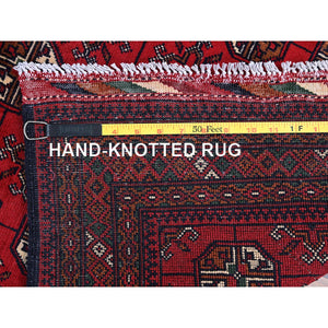 2'8"x3'9" Scarlet Red, Princess Bokara With Geometric Medallions Design, Soft Wool, Vegetable Dyes, Hand Knotted, Mat, Sample, Oriental Rug FWR4338