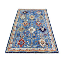 Load image into Gallery viewer, 4&#39;x5&#39;10&quot; Light Blue, Extra Soft Wool Hand Knotted, Afghan Ersari with Large Elements Design Natural Dyes, Oriental Rug FWR434490