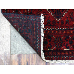 3'x9'10" Deep and Saturated Red with Geometric Design, Hand Knotted Afghan Khamyab, Velvety Wool Runner Oriental Rug FWR434970