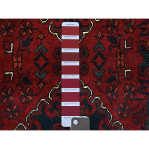 3'x9'10" Deep and Saturated Red with Geometric Design, Hand Knotted Afghan Khamyab, Velvety Wool Runner Oriental Rug FWR434970