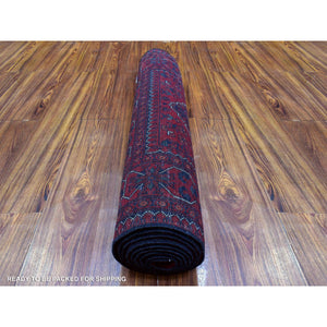 3'x9'10" Deep and Saturated Red with Geometric Design, Hand Knotted Afghan Khamyab, Velvety Wool Runner Oriental Rug FWR434970