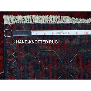 3'x9'10" Deep and Saturated Red with Geometric Design, Hand Knotted Afghan Khamyab, Velvety Wool Runner Oriental Rug FWR434970