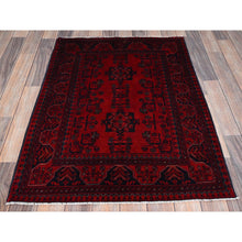 Load image into Gallery viewer, 2&#39;9&quot;x3&#39;10&quot; Ruby Red, Afghan Khamyab With Geometric Pattern, Soft And Velvety Wool, Hand Knotted, Vegetable Dyes, Sample, Mat, Oriental Rug FWR4344