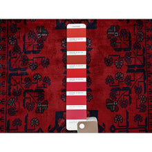Load image into Gallery viewer, 2&#39;9&quot;x3&#39;10&quot; Ruby Red, Afghan Khamyab With Geometric Pattern, Soft And Velvety Wool, Hand Knotted, Vegetable Dyes, Sample, Mat, Oriental Rug FWR4344