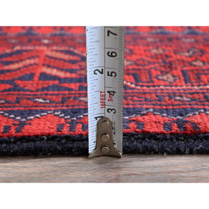 2'9"x3'10" Ruby Red, Afghan Khamyab With Geometric Pattern, Soft And Velvety Wool, Hand Knotted, Vegetable Dyes, Sample, Mat, Oriental Rug FWR4344