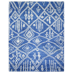 12'2"x15'2" Denim Blue, Boujaad Moroccan Berber Design with Criss Cross Pattern Natural Dyes, Pure Wool Hand Knotted, Oversized Oriental Rug FWR435678