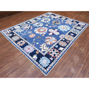 8'2"x10' Denim Blue Hand Knotted Afghan Angora Oushak With Colorful Floral Pattern, Natural Dyes Pure Wool, Oriental Rug FWR435924