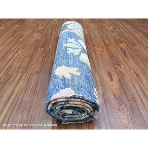 8'2"x10' Denim Blue Hand Knotted Afghan Angora Oushak With Colorful Floral Pattern, Natural Dyes Pure Wool, Oriental Rug FWR435924