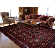 Load image into Gallery viewer, 10&#39;x13&#39;8&quot; Deep and Saturated Red, Natural Dyes Afghan Khamyab Velvety Wool, Geometric Design Hand Knotted Oriental Rug FWR435972