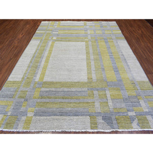 7'9"x10'2" Light Gray, Modern Design Art Deco, Natural Dyes Densely Woven, Soft Organic Wool Hand Knotted, Oriental Rug FWR436032
