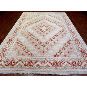 9'x12' Light Red, Anatolian Village Inspired Geometric Style, Soft Wool Hand Knotted Natural Dyes Oriental Rug FWR436194