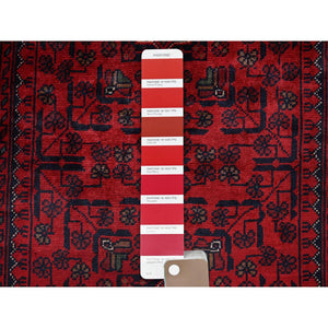2'8"x4' Berry Red, Afghan Khamyab With Tribal Design, Soft And Shiny Wool, Vegetable Dyes, Hand Knotted, Mat, Sample, Oriental Rug FWR4356