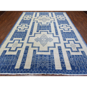 8'10"x11'8" Ivory With Denim Blue, Hand Knotted Fine Peshawar With Intricate, Geometric, Motifs, Densely Woven Soft Organic Wool, Oriental Rug FWR436320