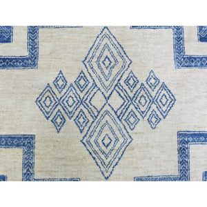8'10"x11'8" Ivory With Denim Blue, Hand Knotted Fine Peshawar With Intricate, Geometric, Motifs, Densely Woven Soft Organic Wool, Oriental Rug FWR436320