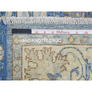 3'9"x13'3" Sapphire Blue, Fine Peshawar with Heriz Design, Natural Dyes Dense Weave, Soft and Velvety Wool Hand Knotted, Wide Runner Oriental Rug FWR436338