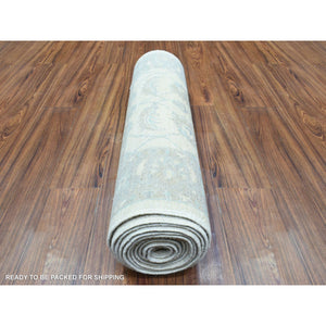 2'8"x14'4" Ivory, Velvety Wool Hand Knotted, White Wash Peshawar with All Over Leaf Design Natural Dyes, Runner Oriental Rug FWR436572