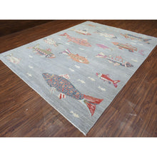 Load image into Gallery viewer, 9&#39;2&quot;x11&#39;9&quot; Light Gray, Densely Woven Soft Wool Hand Knotted, Afghan Peshawar With Colorful Oceanic Fish Design Natural Dyes, Oriental Rug FWR436584