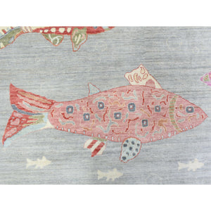 9'2"x11'9" Light Gray, Densely Woven Soft Wool Hand Knotted, Afghan Peshawar With Colorful Oceanic Fish Design Natural Dyes, Oriental Rug FWR436584