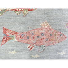 Load image into Gallery viewer, 9&#39;2&quot;x11&#39;9&quot; Light Gray, Densely Woven Soft Wool Hand Knotted, Afghan Peshawar With Colorful Oceanic Fish Design Natural Dyes, Oriental Rug FWR436584