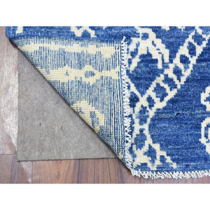 2'10"x9'8" Denim Blue, Boujaad Moroccan Berber Design with Geometric Triangular Design Natural Dyes, Velvety Wool Hand Knotted, Runner Oriental Rug FWR436716