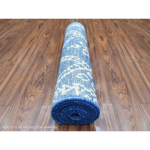 2'10"x9'8" Denim Blue, Boujaad Moroccan Berber Design with Geometric Triangular Design Natural Dyes, Velvety Wool Hand Knotted, Runner Oriental Rug FWR436716