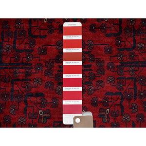 3'4"x5' Scarlet Red, Afghan Khamyab With Geometric Design, Soft And Velvety Wool, Hand Knotted, Vegetable Dyes, Oriental Rug FWR4362