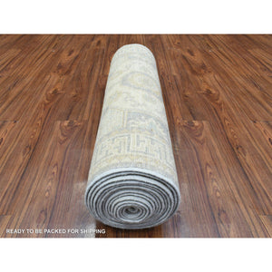 2'9"x18'9" Cream, White Wash Peshawar with Khotan Design Natural Dyes, Velvety Wool Hand Knotted, XL Runner Oriental Rug FWR436812