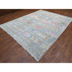 9'1"x11'8" Gray, Hand Knotted Anatolian Village Inspired With Small Triangular Design, Natural Wool, Runner Oriental Rug FWR437232